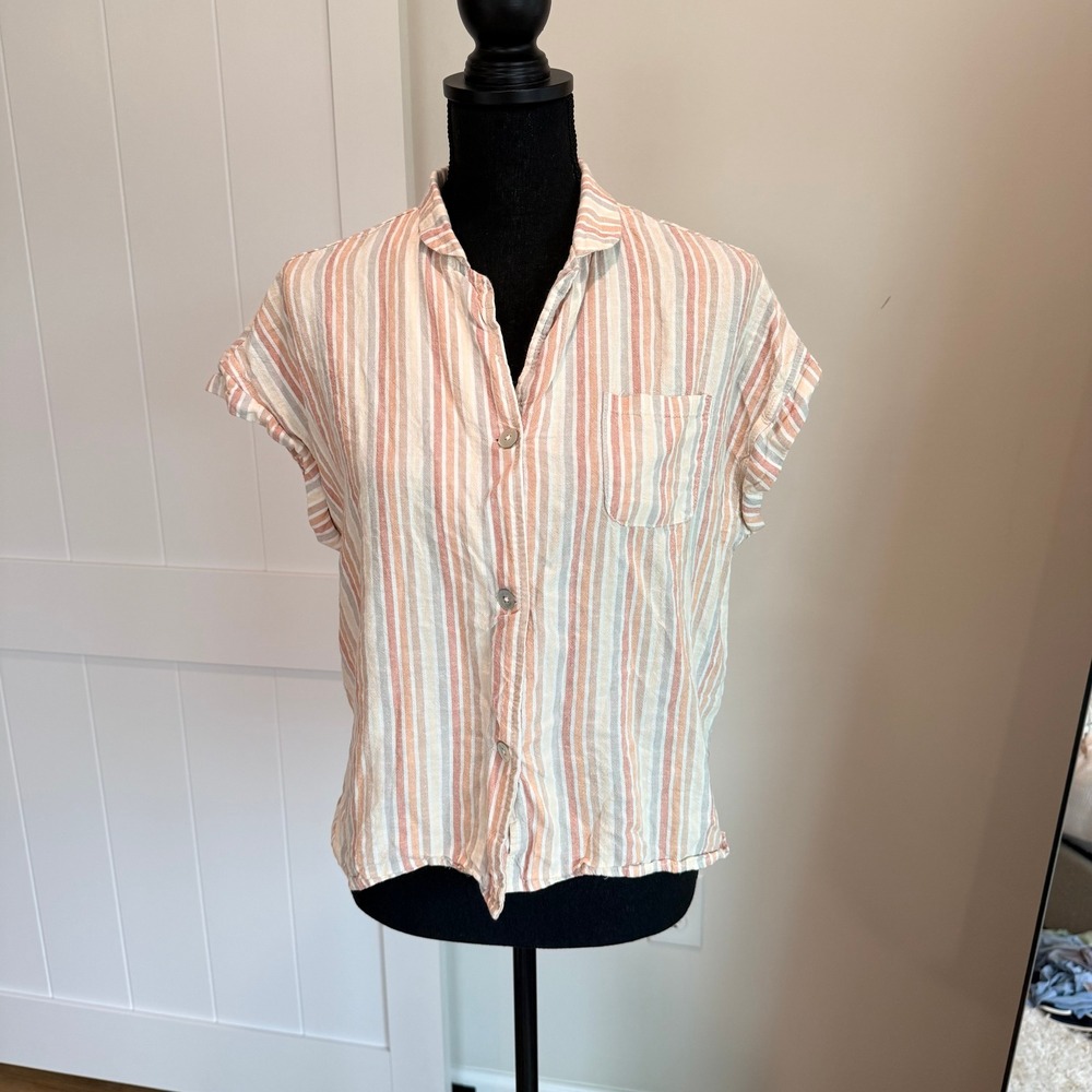 Rylee + Cru Women Striped Linen Blend Button Down Short Sleeve‎ Shirt Medium